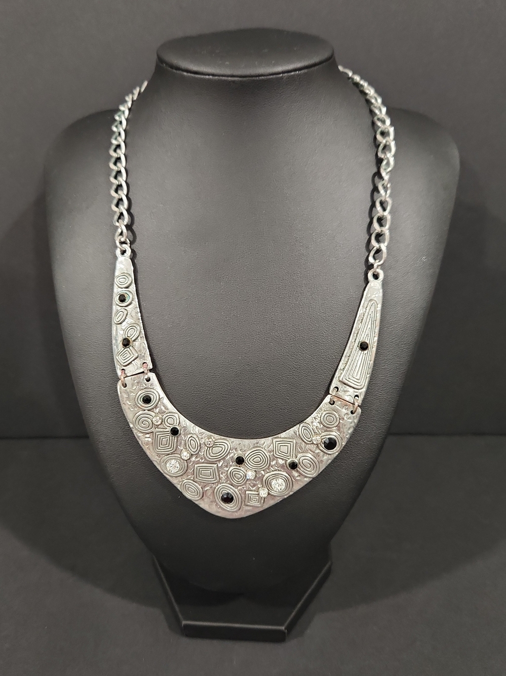 Vintage Silver Tone Boho Statement Collar Necklace Crescent Bib Black Rhinestone